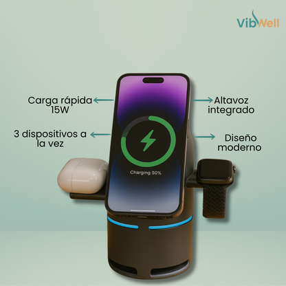 Centro de Carga 3 en 1 con Altavoz - Dile adiós al desorden y carga con estilo